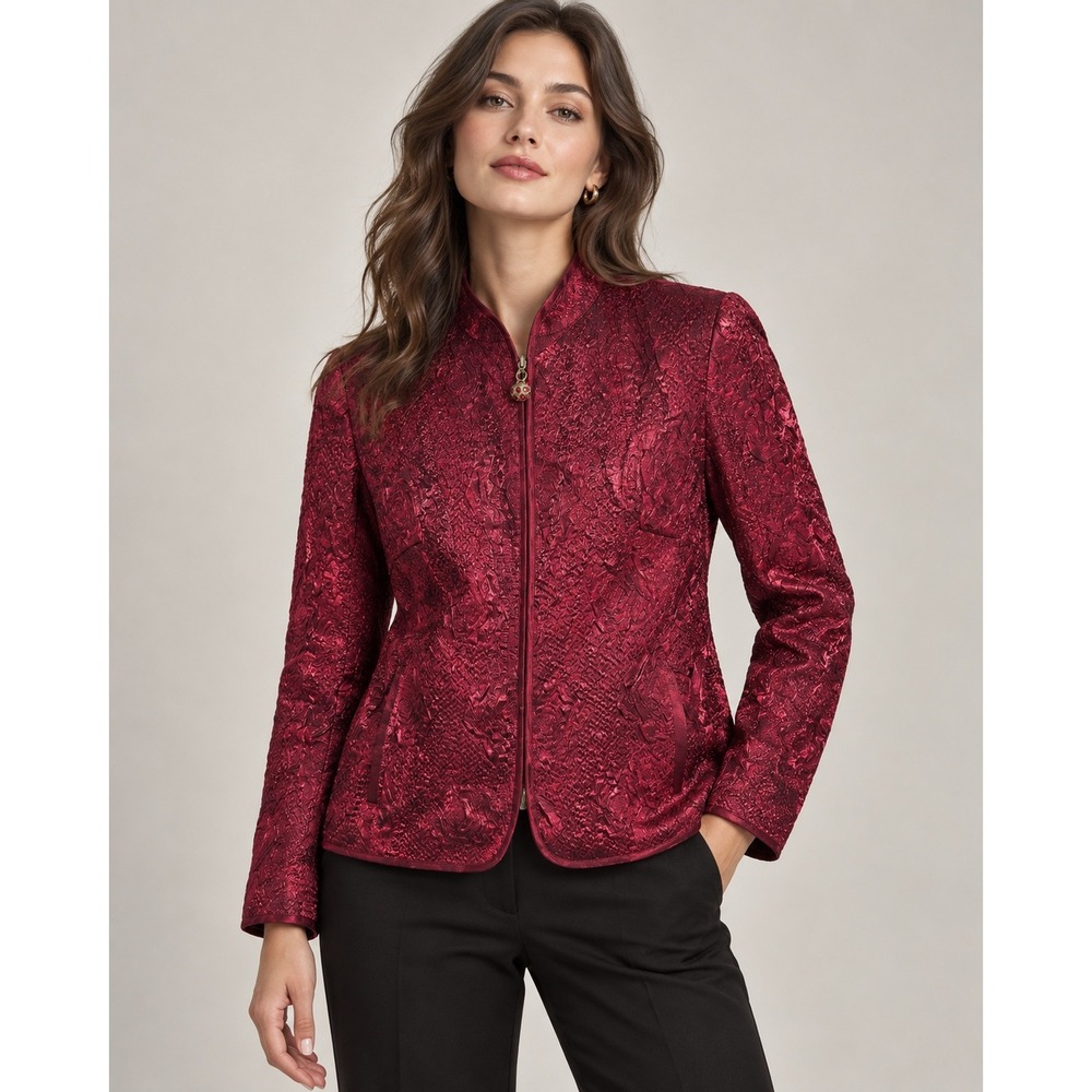 Laura Ashley Jacket Womens Small Red Jacquard Zip Front Mandarin Collar Textured